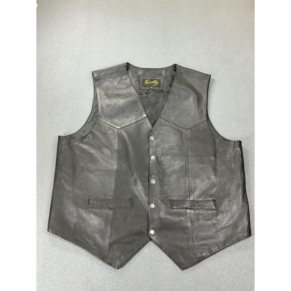 Scully Vest Mens XL Black Leather Lined‎ Pockets Snap Button Biker Sheriff Star